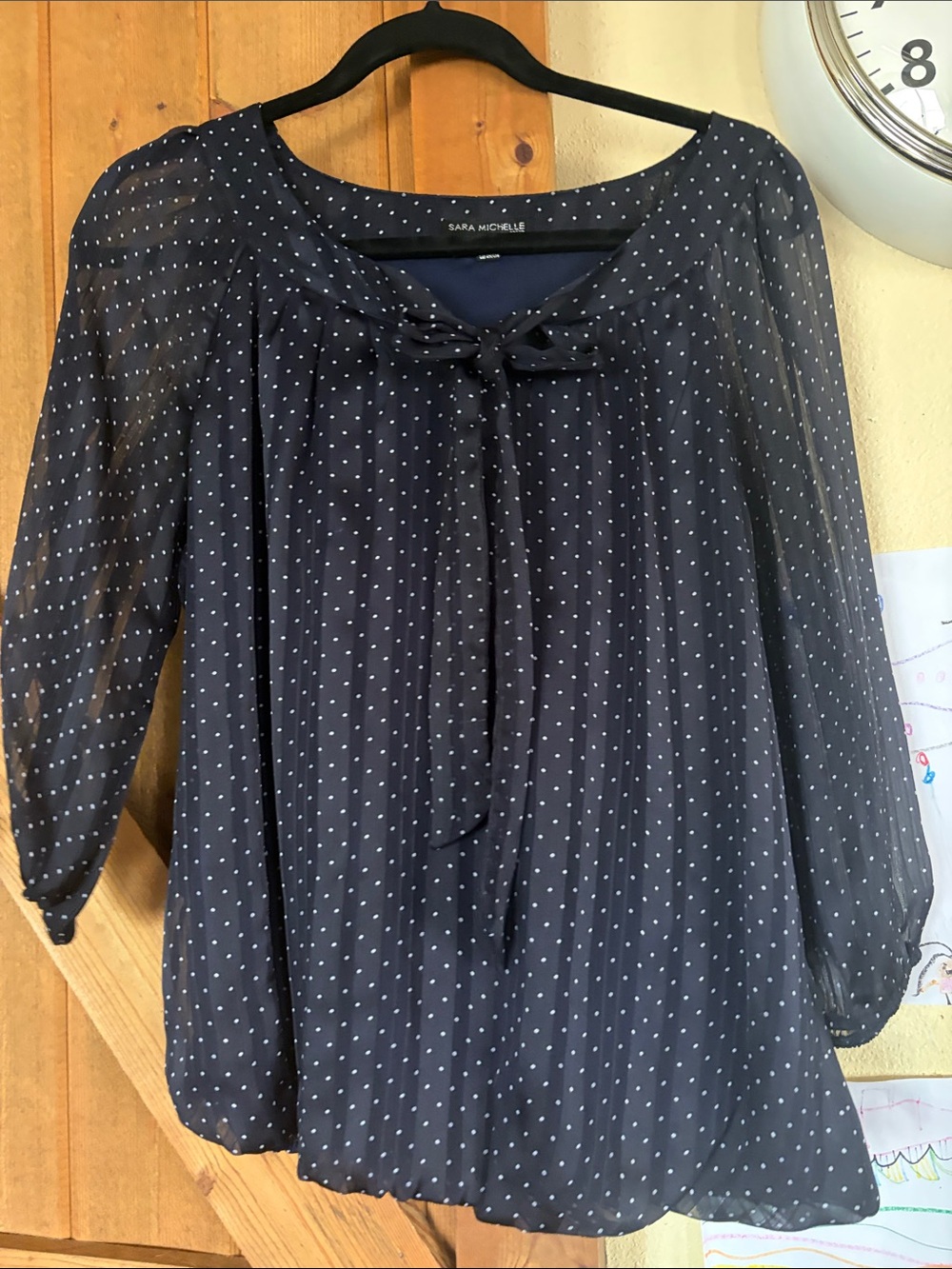 Sara Michelle Navy Blue Polka Dot Tie-Neck Blouse